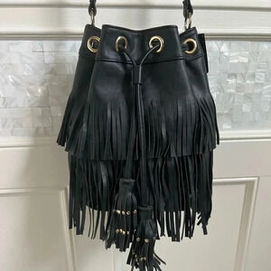 NWT DV black faux leather fringe tassel grommet bucket bag purse crossbody